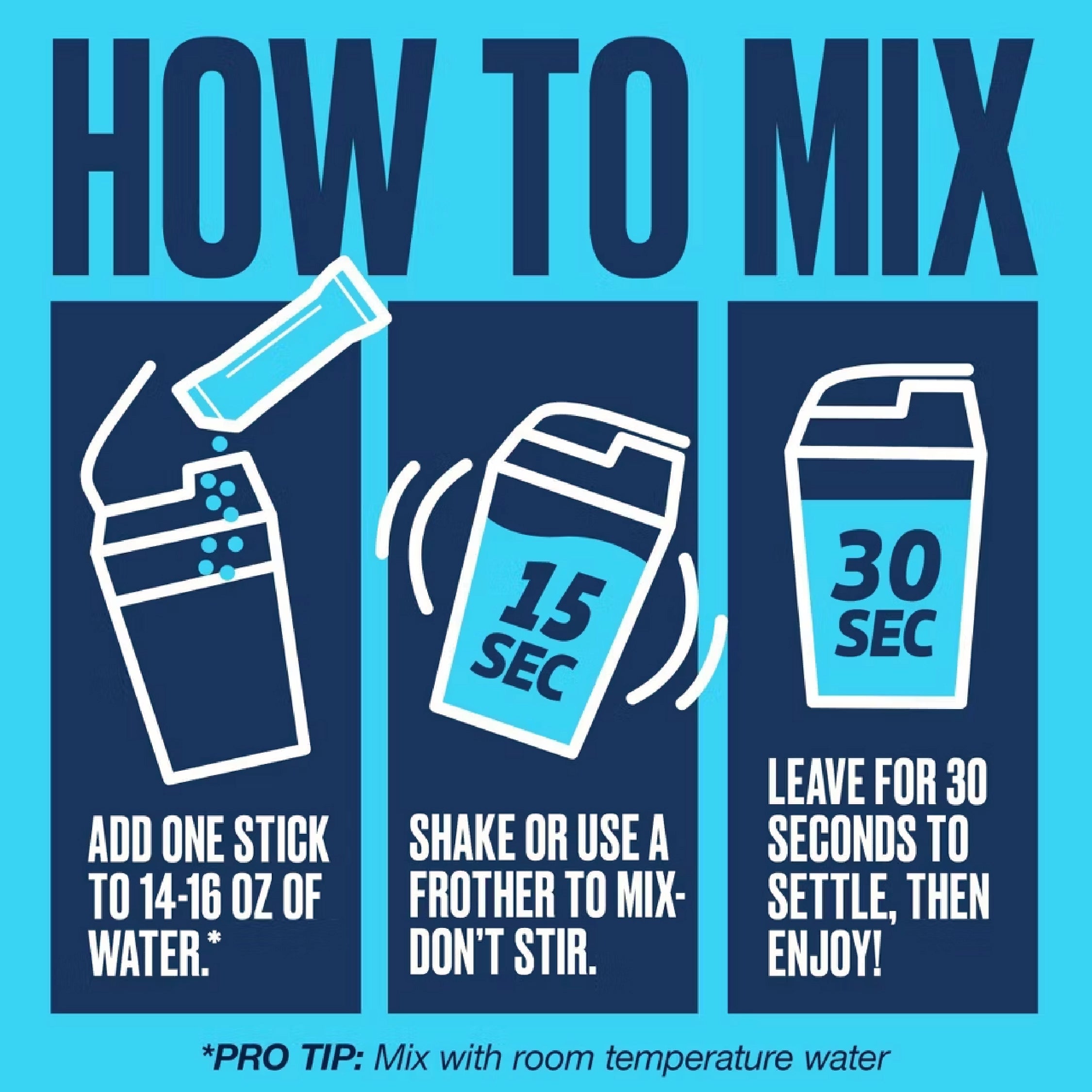 Instructional graphic titled 'HOW TO MIX' with three panels showing how to mix a drink stick: add one stick to 14-16 oz of water, shake or use a frother for 15 seconds, and leave for 30 seconds to settle. The background is bright blue with dark blue text and white line drawings.