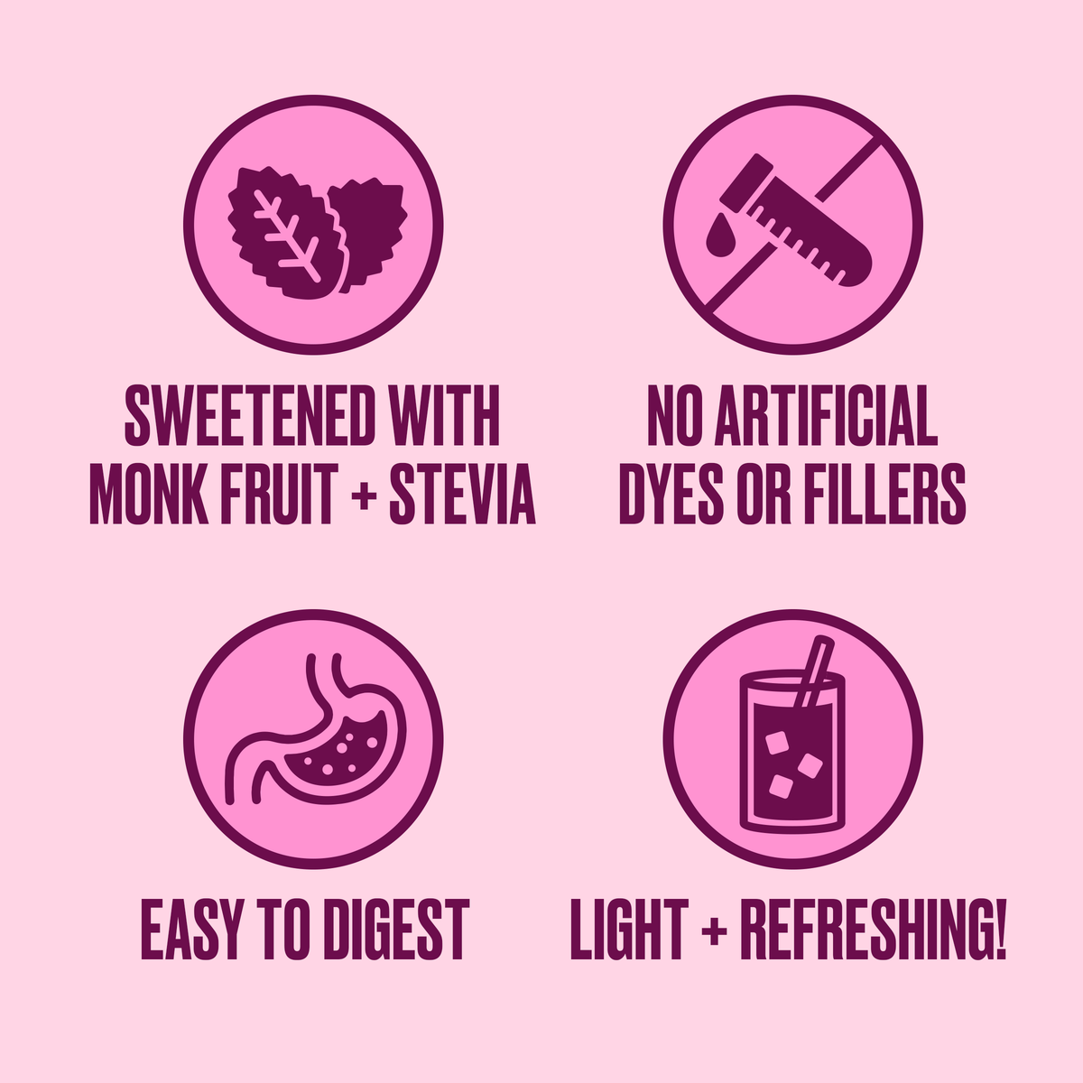 Pink background with icons and text about product attributes on a pink background