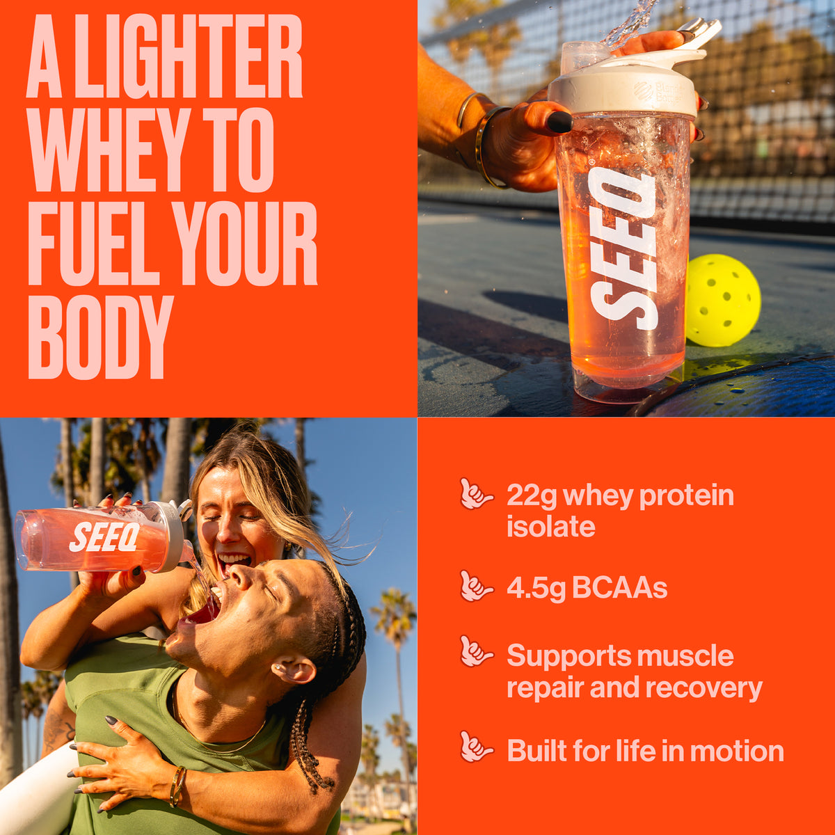 A promotional collage for SEED whey protein featuring an orange background with white text, a top-right photo of a hand holding a clear cup of pinkish whey with the SEED logo, and a bottom-left photo of a woman drinking from a SEED bottle outdoors. Text on the right lists product benefits including 22g whey protein isolate, 4.