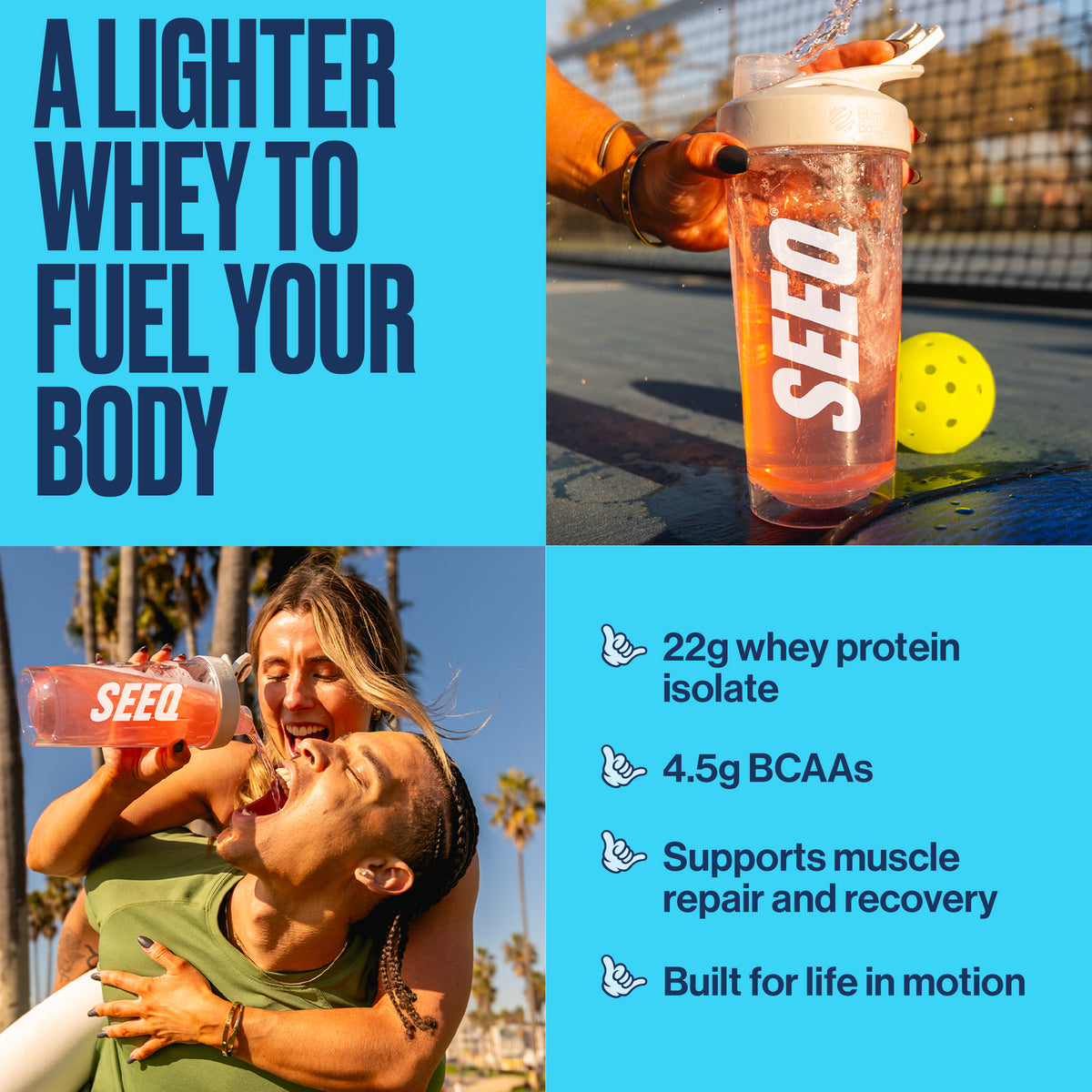 A promotional collage for a protein shaker bottle. The top-right panel shows a hand holding a translucent pink-orange SEED shaker bottle on a tennis court.