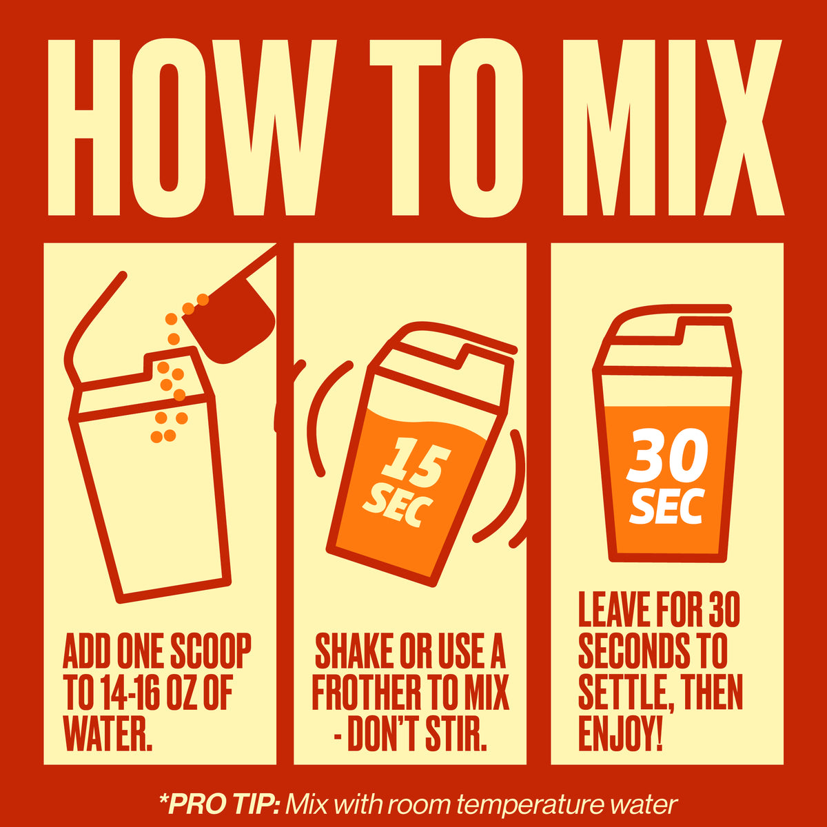 An illustrated how-to poster titled "HOW TO MIX" with three panels showing steps: adding one scoop to 14-16 oz of water, shaking or mixing for 15 seconds, and letting it settle for 30 seconds. Large cream text and icons on a red background.