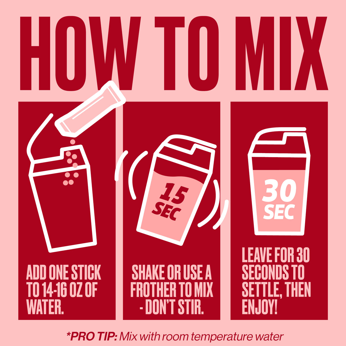 Instructional graphic titled 'HOW TO MIX' with three panels showing steps: add one stick to 14-16 oz of water, shake or use a frother for 15 seconds, and leave for 30 seconds to settle. The design uses dark red panels on a light pink background.