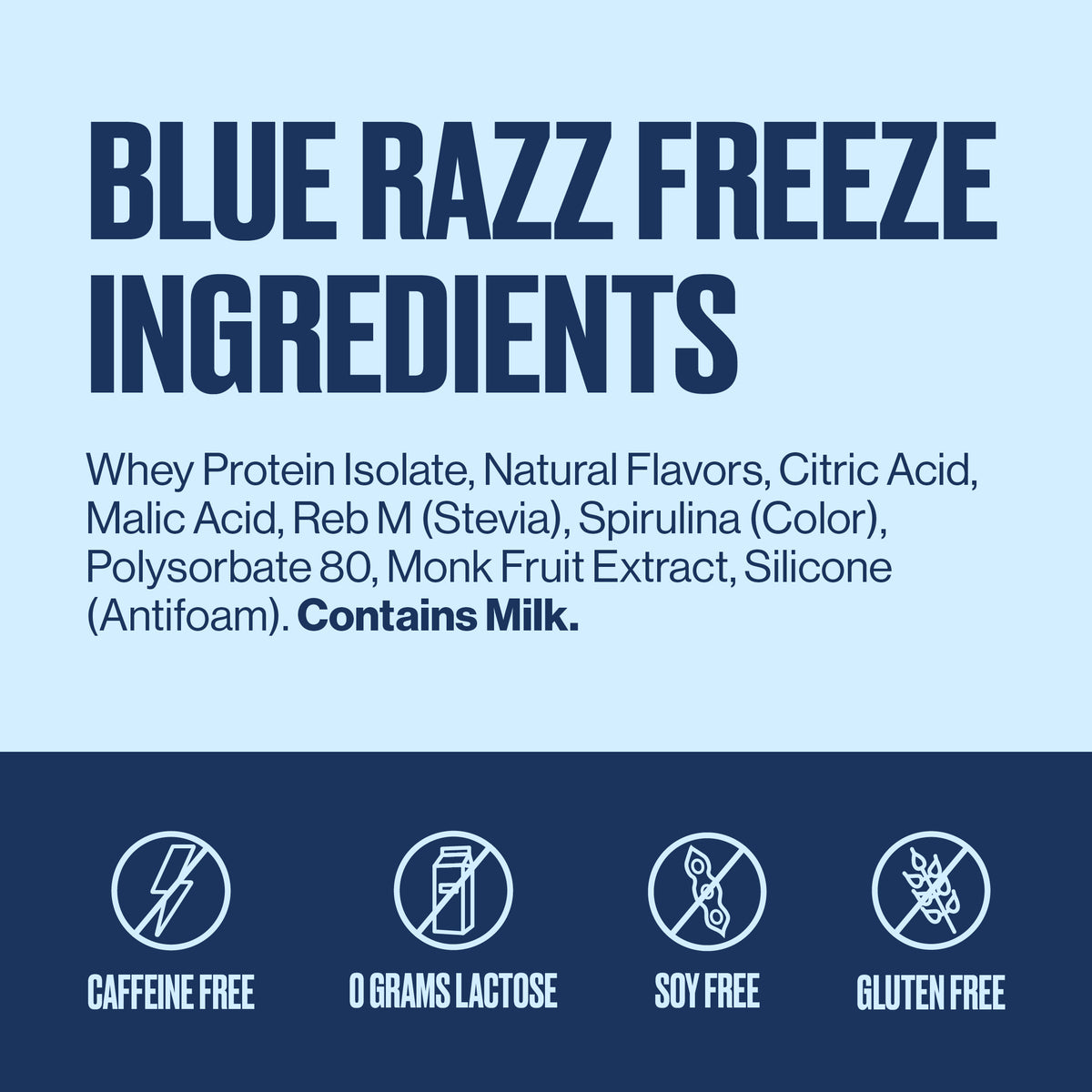 Blue Razz Freeze Ingredients label graphic with text listing whey protein isolate, natural flavors, citric acid, malic acid, Reb M (stevia), spirulina, polysorbate 80, monk fruit extract, silicone, and a note that it contains milk. Four icons below indicate caffeine free, 0 grams lactose, soy free, and gluten free.