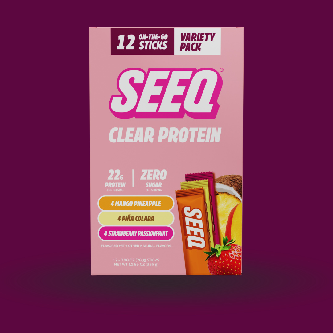 SEEQ Clear Protein variety pack on a purple background