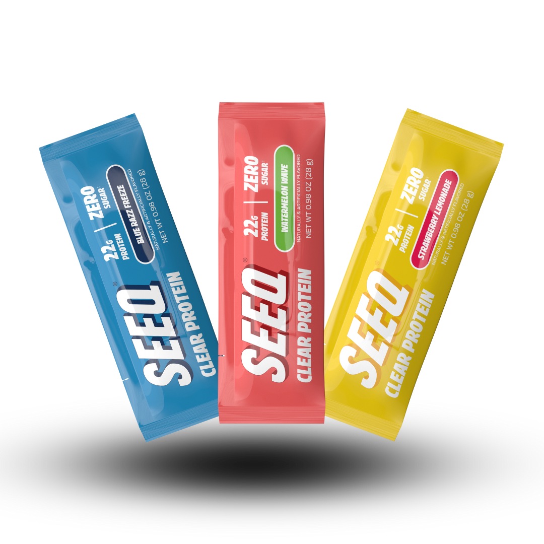 Three SEEQ clear protein packages in blue, red, and yellow on a white background