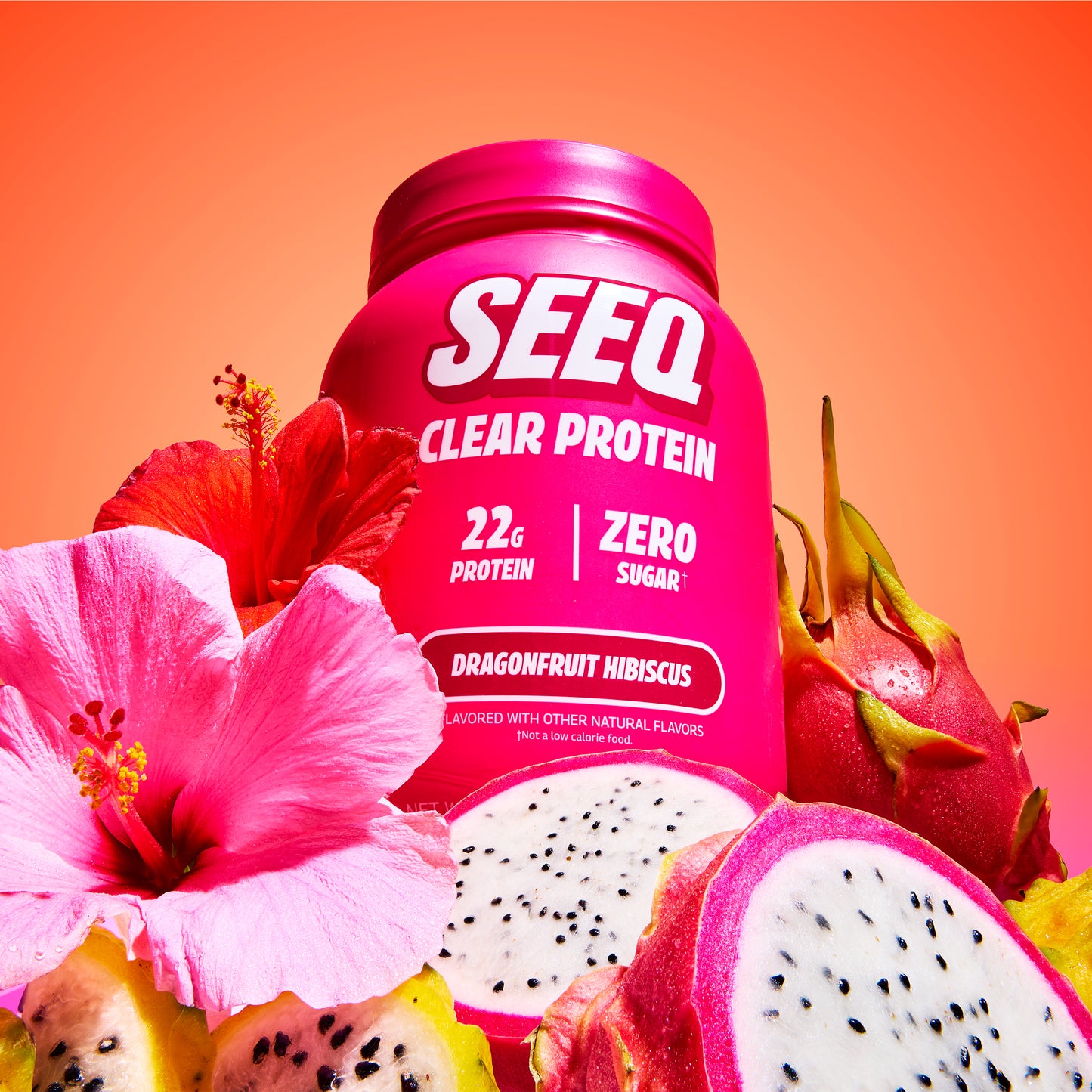 A bright pink bottle of SEEQ Clear Protein in Dragonfruit Hibiscus flavor, surrounded by fresh dragonfruit slices, dragonfruit skins, and a pink hibiscus flower against a solid orange background.