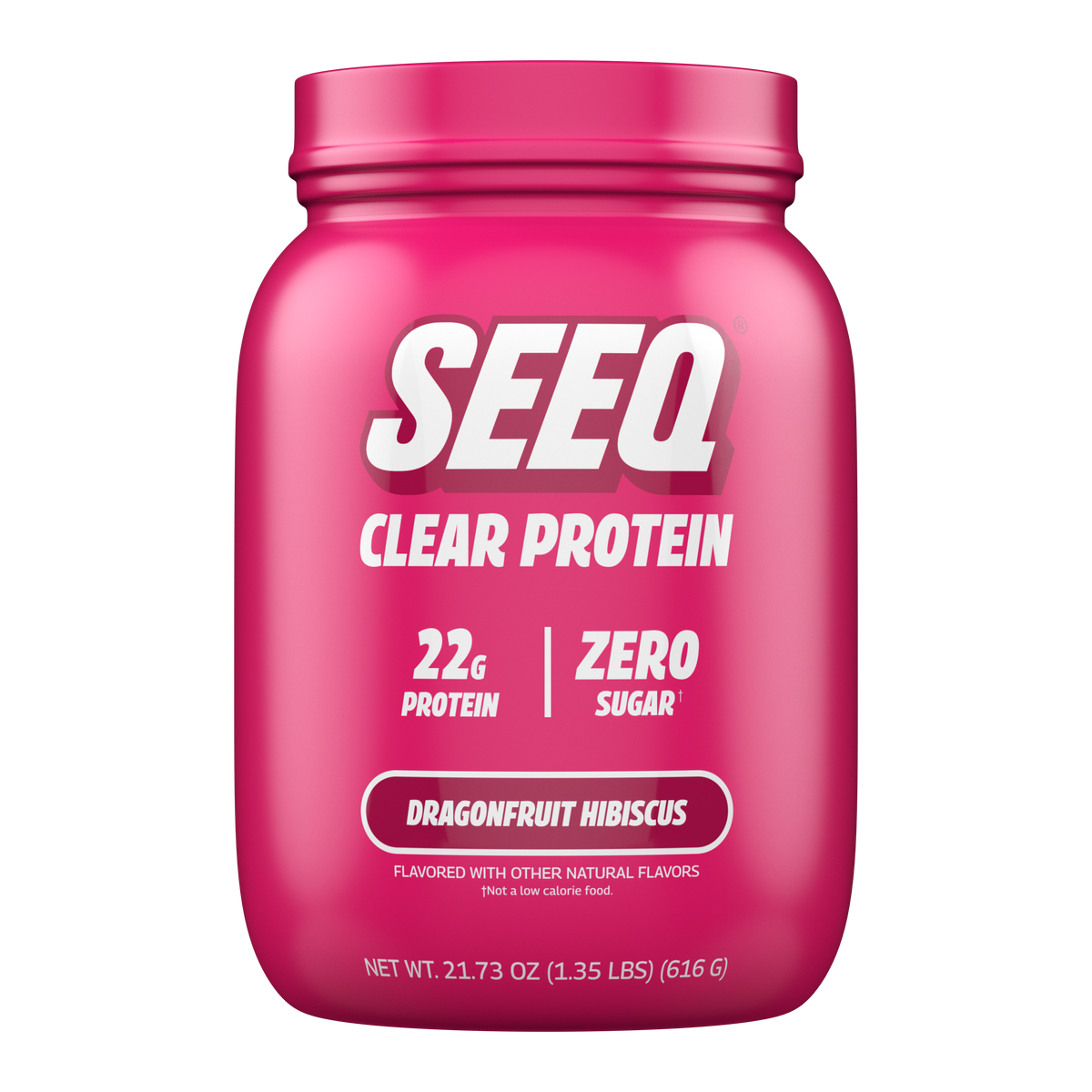 A bright pink tub of SEEQ Clear Protein powder in Dragonfruit Hibiscus flavor, shown on a clean white background.