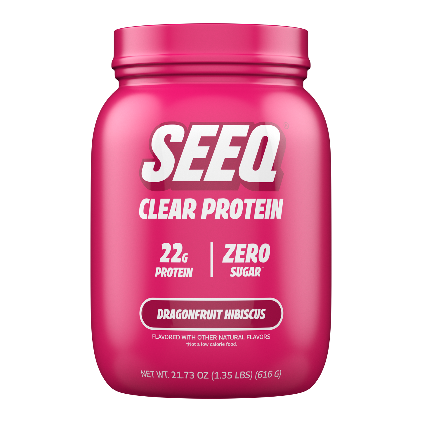 A bright pink tub of SEEQ Clear Protein powder in Dragonfruit Hibiscus flavor, shown on a clean white background.