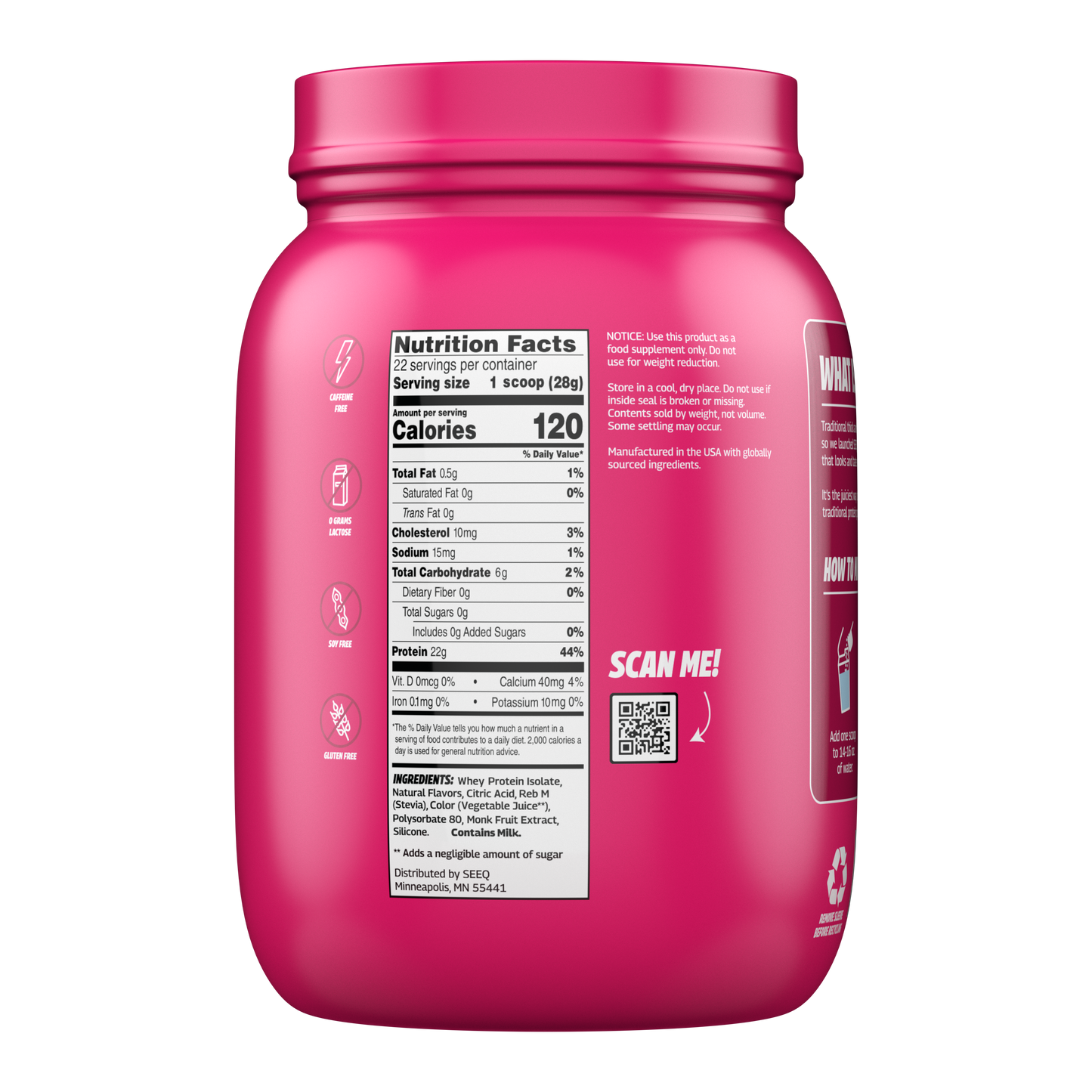 The back of a bright pink tub of protein powder, showing the nutrition facts panel, ingredients list, and a QR code on a plain white background.