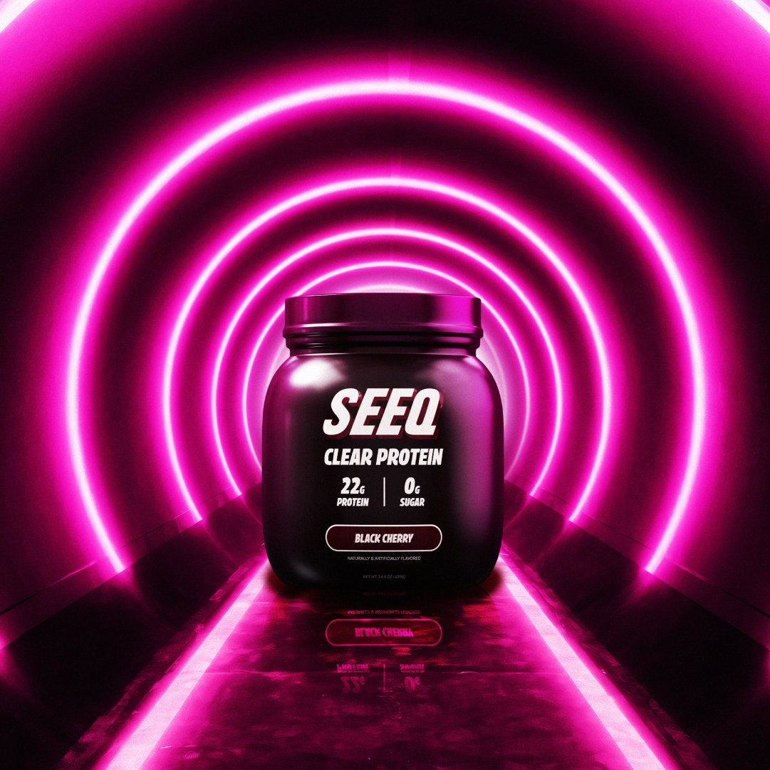 Alternate view of SEEQ Supply’s Black Cherry Clear Whey Protein Powder packaging, highlighting its rich black cherry flavor