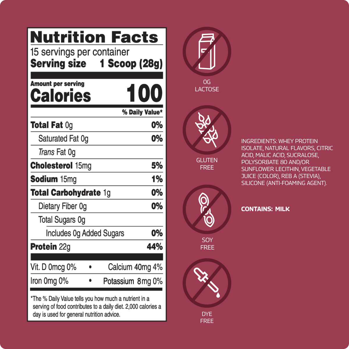 Nutrition facts label for SEEQ Supply’s Black Cherry Clear Whey Protein Powder, detailing macronutrient content and ingredients