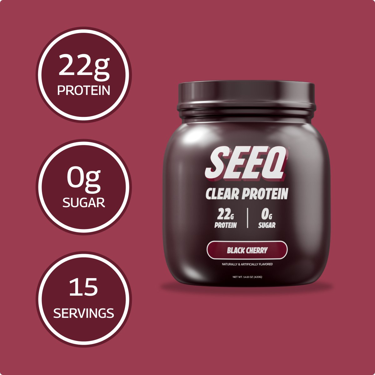 SEEQ Supply’s Black Cherry Clear Whey Protein Powder. 