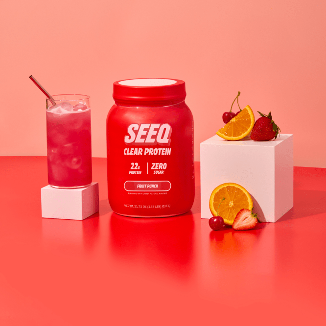 Seeq Clear Protein Fruit Punch Tub With Glass And Fruits
