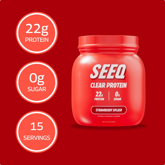 A vibrant container of SEEQ Supply's Strawberry Splash Clear Whey Protein in a 15-serving size.