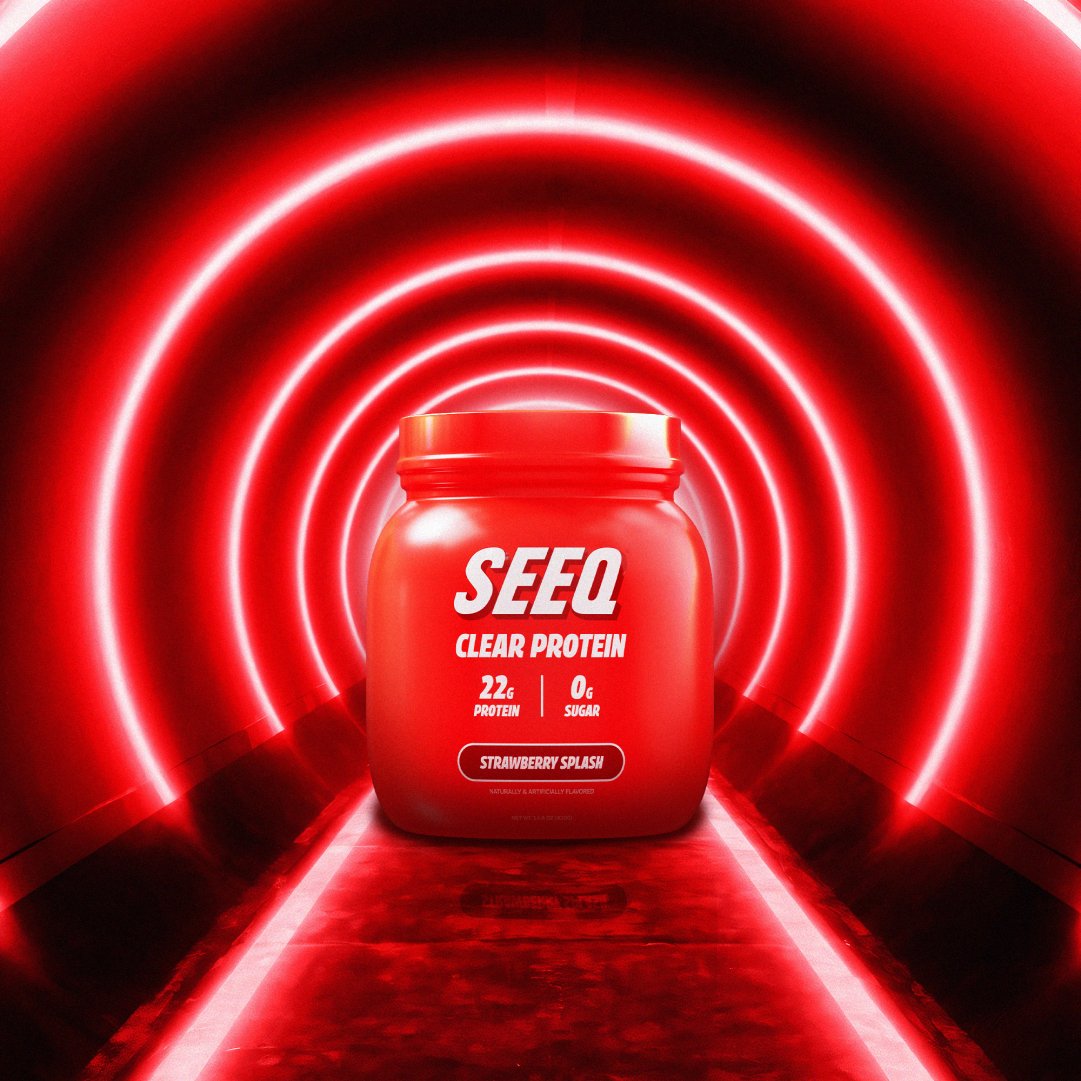 Strawberry Splash Clear Whey Protein Powder by SEEQ Supply, alternate view of the packaging showcasing its refreshing strawberry taste.