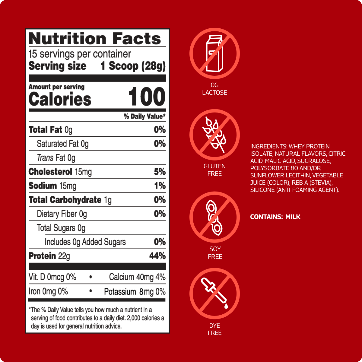 Nutrition facts label for SEEQ Supply’s Strawberry Splash Clear Whey Protein Powder, detailing macronutrient content and ingredients.