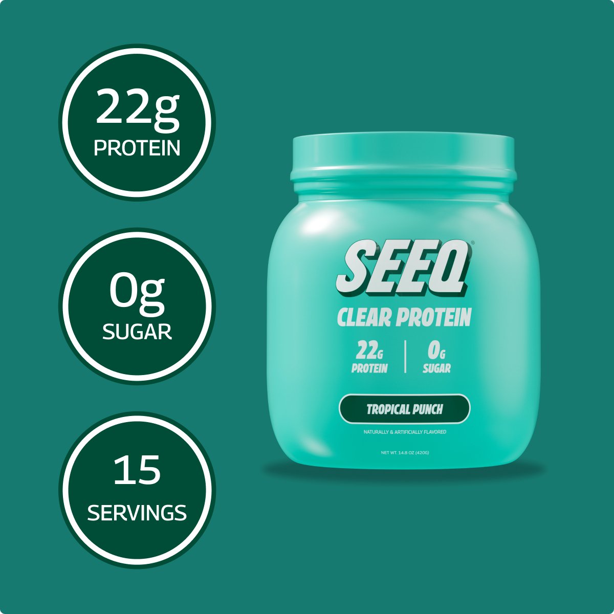 SEEQ Supply’s Tropical Punch Clear Whey Protein Powder official pack of 15 servings.