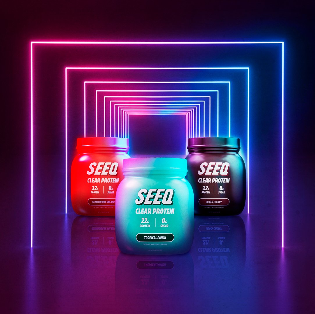 Three packs of 15 servings of Seeq Suplay clear protein, including Tropical Punch flavor.